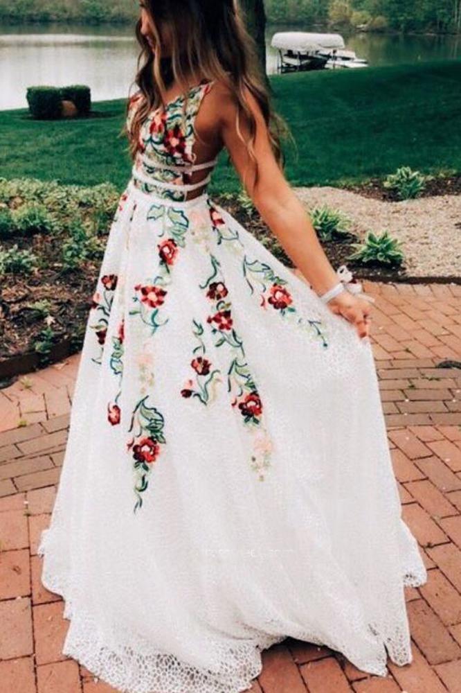 V Neck Ivory Lace Prom Dresses with Embroidery Printed Evening Dresse US10 / As Picture V Neck Ivory Lace Prom Dresses with Embroidery Printed Evening Dresse US10 / As Picture