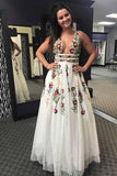 A Line V Neck Ivory Lace Prom Dresses with Embroidery Printed Evening Dresse TP0914