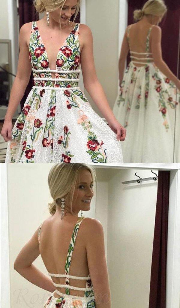 A Line V Neck Ivory Lace Prom Dresses with Embroidery Printed Evening Dresse TP0914 - Tirdress