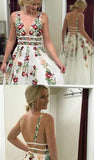 A Line V Neck Ivory Lace Prom Dresses with Embroidery Printed Evening Dresse TP0914 - Tirdress