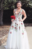 A Line V Neck Ivory Lace Prom Dresses with Embroidery Printed Evening Dresse TP0914 - Tirdress