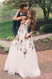 A Line V Neck Ivory Lace Prom Dresses with Embroidery Printed Evening Dresse TP0914 - Tirdress