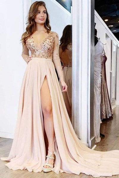 A Line V Neck Long Sleeves Champagne Prom Dress With Appliques TP0940 US12 / As Picture A Line V Neck Long Sleeves Champagne Prom Dress With Appliques TP0940 US12 / As Picture
