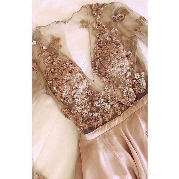 A Line V Neck Long Sleeves Champagne Prom Dress With Appliques TP0940 - Tirdress