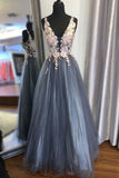 A Line V Neck Smoke Blue Long Prom Dress with Lace Appliques TP1009
