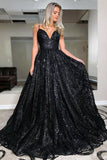 A Line V Neck Spaghetti Straps Black Sequins Prom/Evening Dresses TP0989