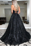A Line V Neck Spaghetti Straps Black Sequins Prom/Evening Dresses TP0989 - Tirdress