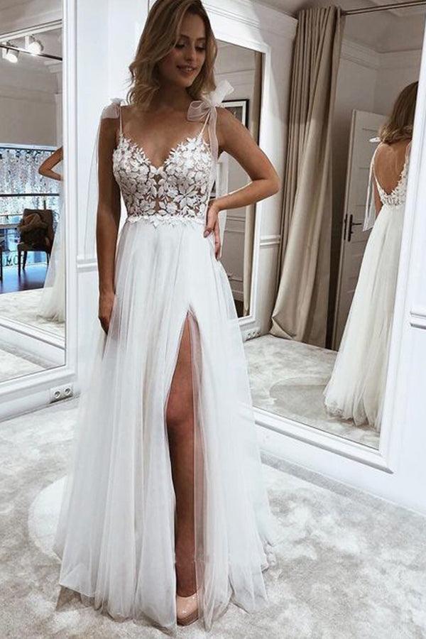 A Line V Neck Straps Tulle Split Wedding Dress/Bridal Gown with Lace TN274 - Tirdress
