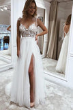 A Line V Neck Straps Tulle Split Wedding Dress/Bridal Gown with Lace TN274