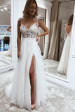 A Line V Neck Straps Tulle Split Wedding Dress/Bridal Gown with Lace TN274 - Tirdress