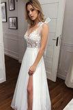 A Line V Neck Straps Tulle Split Wedding Dress/Bridal Gown with Lace TN274 - Tirdress