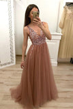 A Line V Neck Tulle Long Beaded Prom Dress Evening Gown TP0182
