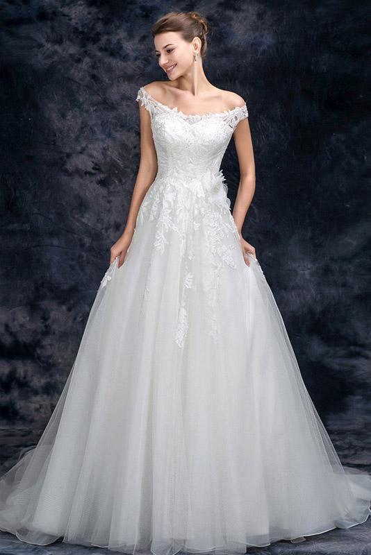 A Line Off the Shoulder Appliques Tulle Long Wedding Dress, Bridal Dresses TN211 - Tirdress