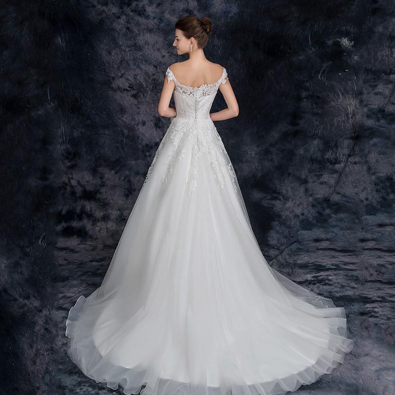 A Line Off the Shoulder Appliques Tulle Long Wedding Dress, Bridal Dresses TN211 - Tirdress
