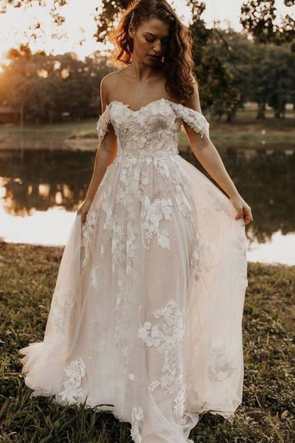 A Line Off the Shoulder Lace Tulle Wedding Dresses Rustic Wedding Gown – Tirdress