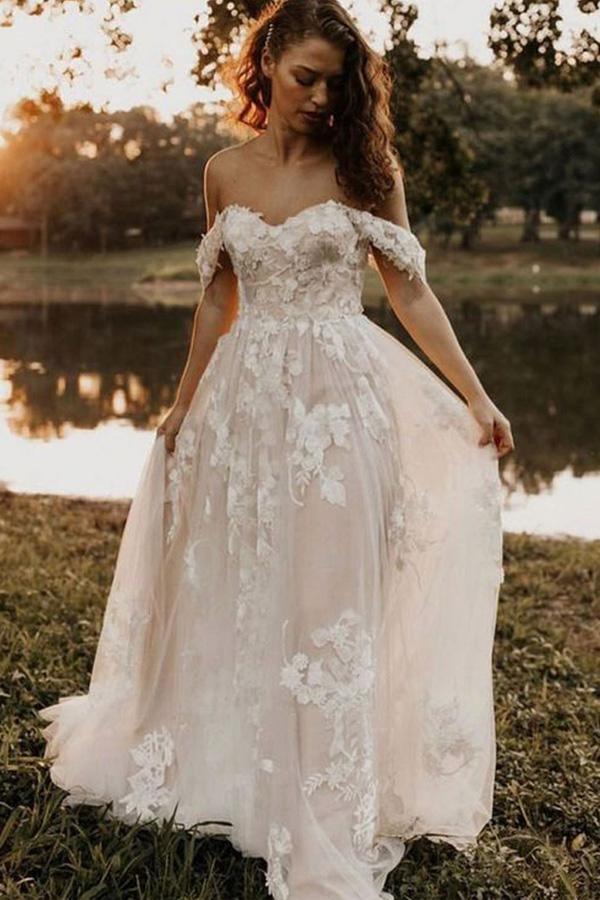 A Line Off the Shoulder Lace Tulle Wedding Dresses Rustic Wedding Gown TN232 - Tirdress