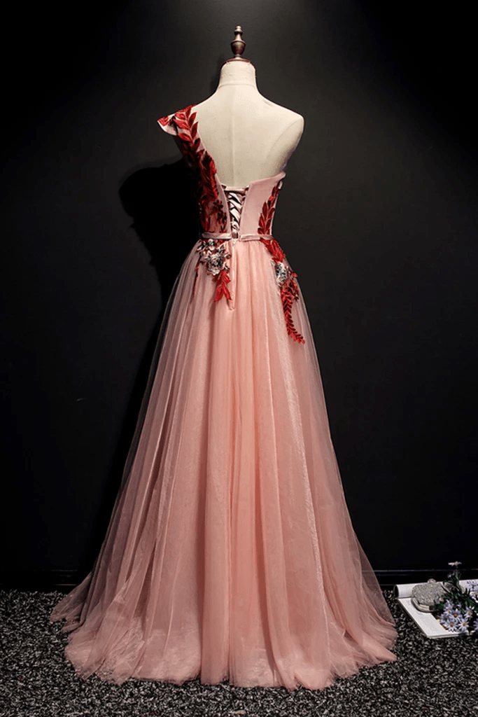 A Line Pink One Shoulder Tulle Red Applique Long Prom Dress Evening Dress TP0921 - Tirdress