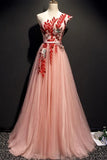 A Line Pink One Shoulder Tulle Red Applique Long Prom Dress Evening Dress TP0921