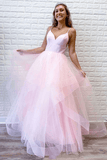 A Line Pink Tulle Long Prom Dresses With Ruffles Straps Evening Dresse TP1112