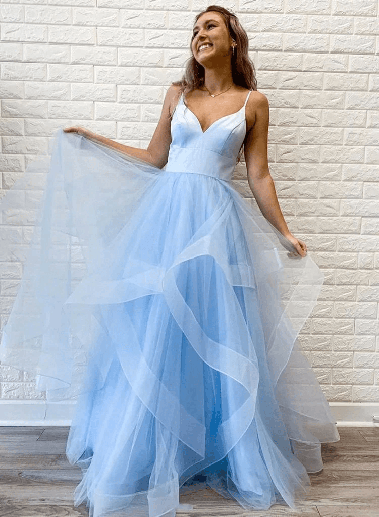A Line Pink Tulle Long Prom Dresses With Ruffles Straps Evening Dresse TP1112 - US0 / Sky Blue A Line Pink Tulle Long Prom Dresses With Ruffles Straps Evening Dresse TP1112 - US0 / Sky Blue