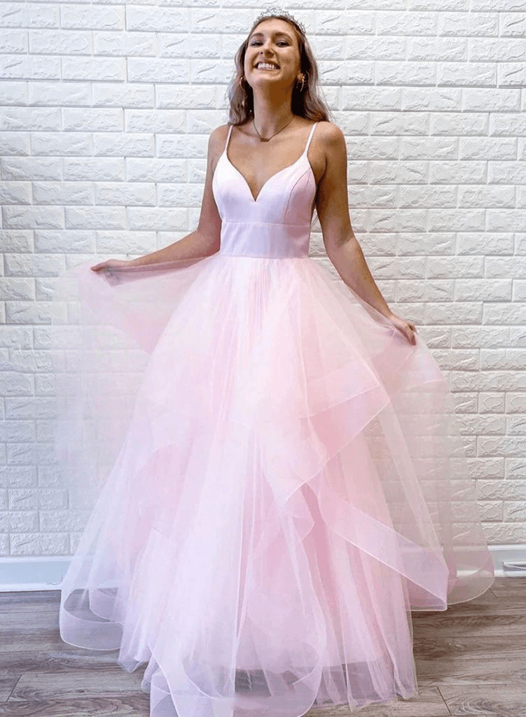 A Line Pink Tulle Long Prom Dresses With Straps Evening Dresse TP1112 US2 / Custom Color A Line Pink Tulle Long Prom Dresses With Straps Evening Dresse TP1112 US2 / Custom Color