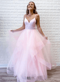 A Line Pink Tulle Long Prom Dresses With Ruffles Straps Evening Dresse TP1112 - Tirdress