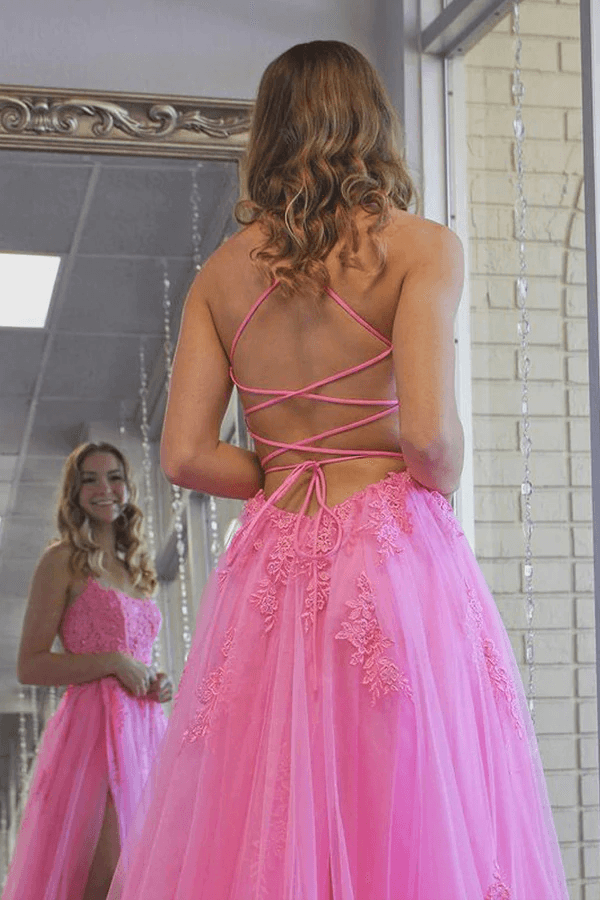 A Line Scoop Neck Hot Pink Tulle Prom Evening Dresses With Split US14 / Custom Color A Line Scoop Neck Hot Pink Tulle Prom Evening Dresses With Split US14 / Custom Color