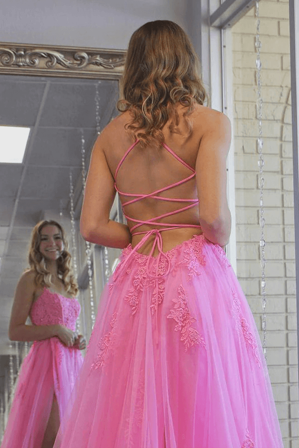 A Line Scoop Neck Hot Pink Tulle Prom Evening Dresses With Split