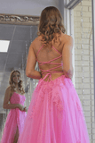 A Line Scoop Neck Hot Pink Tulle Prom Evening Dresses With Split TP1127 - Tirdress