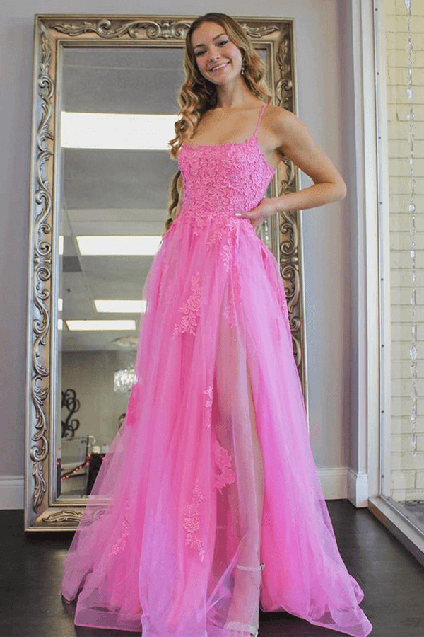 A Line Scoop Neck Hot Pink Tulle Prom Evening Dresses With Split TP1127 - Tirdress