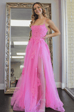 A Line Scoop Neck Hot Pink Tulle Prom Evening Dresses With Split TP1127