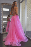 A Line Scoop Neck Hot Pink Tulle Prom Evening Dresses With Split TP1127 - Tirdress
