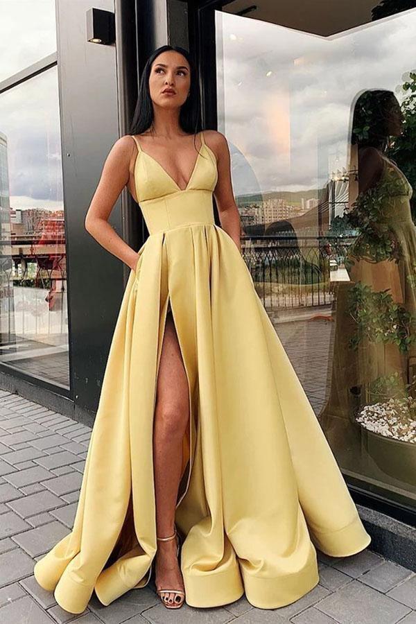 A Line Spaghetti Straps V Neck Yellow Prom Evening Dresses with Pockets TP0954 - Tirdress