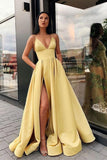 A Line Spaghetti Straps V Neck Yellow Prom Evening Dresses with Pockets TP0954