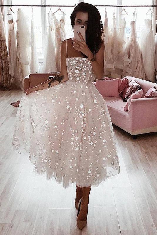 A Line Spaghetti Straps Tea Length Pearl Pink Prom Dress With Stars TP0860 - Tirdress