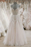 A Line Spaghetti Straps Tulle Wedding Dresses Appliqued Bridal Dresses TN189 - Tirdress