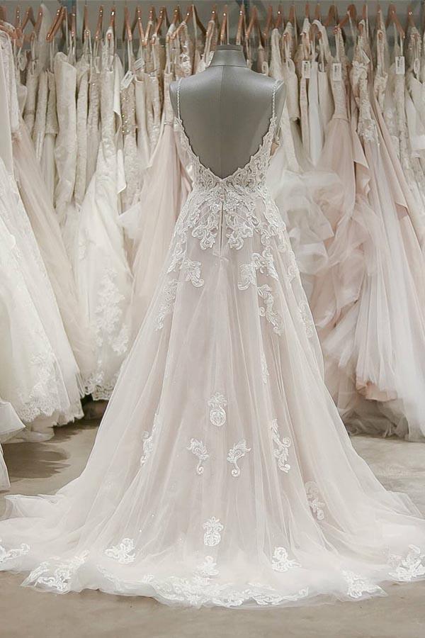 A Line Spaghetti Straps Tulle Wedding Dresses Appliqued Bridal Dresses TN189 - Tirdress- Tirdress