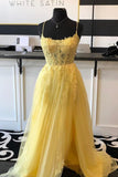 A Line Spaghetti Straps Yellow Split Long Prom Dress With Lace Appliques TP0987 - Tirdress