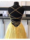 A Line Spaghetti Straps Yellow Split Long Prom Dress With Lace Appliques TP0987 - Tirdress