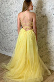 A Line Spaghetti Straps Yellow Split Long Prom Dress With Lace Appliques TP0987 - Tirdress