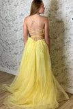 A Line Spaghetti Straps Yellow Split Long Prom Dress With Lace Appliques TP0987 - Tirdress