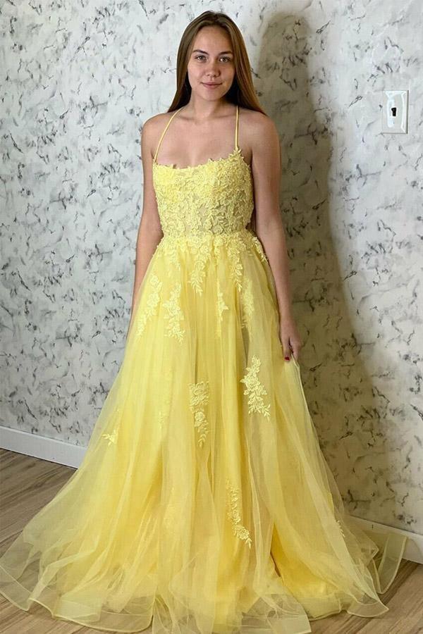 A Line Spaghetti Straps Yellow Split Long Prom Dress With Lace Appliques TP0987 - Tirdress