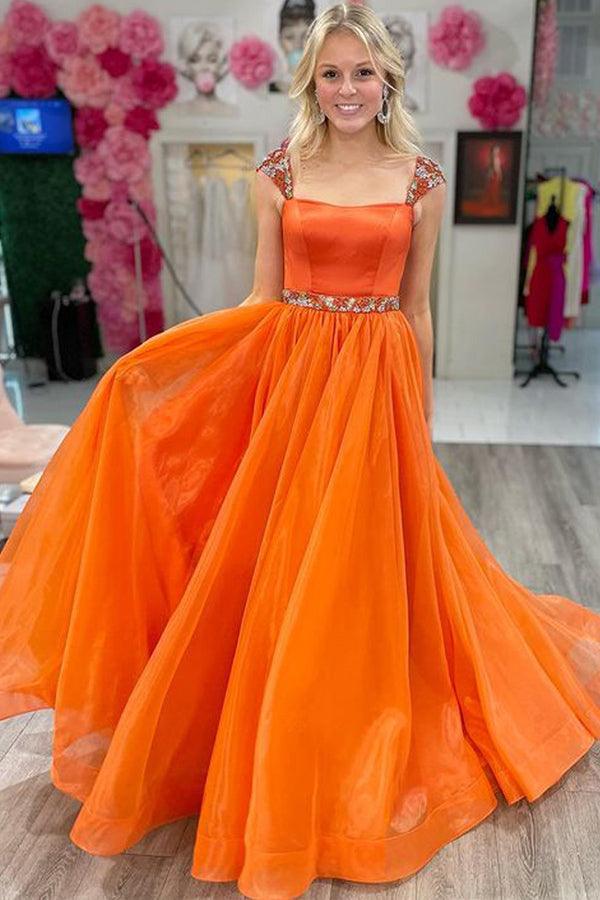 A Line Square Neck Orange Organza Prom Dress with Beading TP1081 Tirdress A Line Square Neck Orange Organza Prom Dress with Beading TP1081 Tirdress