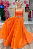 A Line Square Neck Orange Organza Prom Dress with Beading TP1081