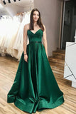 Une ligne robe de bal sans bretelles en satin longues robes de soirée vertes TP1021
