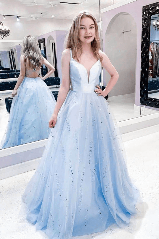 A Line Tulle Light Blue Long Prom Dress Spaghetti Straps Evening Dress TP1107 - Tirdress