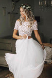 A Line Tw0 Piece Off the Shoulder Short Sleeves Lace Wedding Dresses TN276 - Tirdress