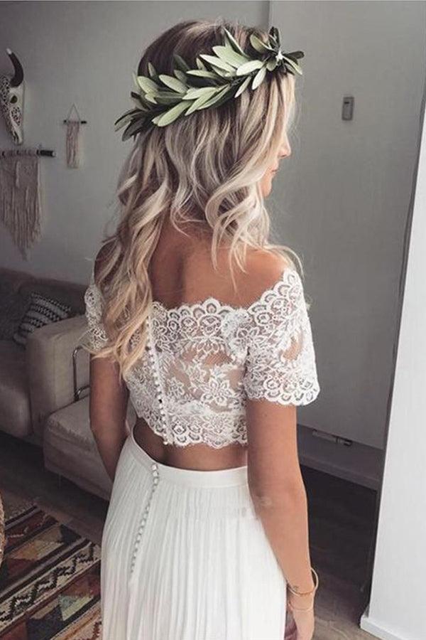 A Line Two Piece Off the Shoulder Short Sleeves Lace Wedding Dress TN276 - US0 / Ivory A Line Two Piece Off the Shoulder Short Sleeves Lace Wedding Dress TN276 - US0 / Ivory