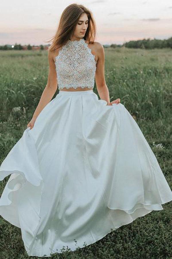 A Line Two Pieces Lace White Wedding Dresses With Pockets US16 / Custom Color A Line Two Pieces Lace White Wedding Dresses With Pockets US16 / Custom Color