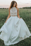A Line Two Pieces Lace White Wedding Dresses With Pockets TN178